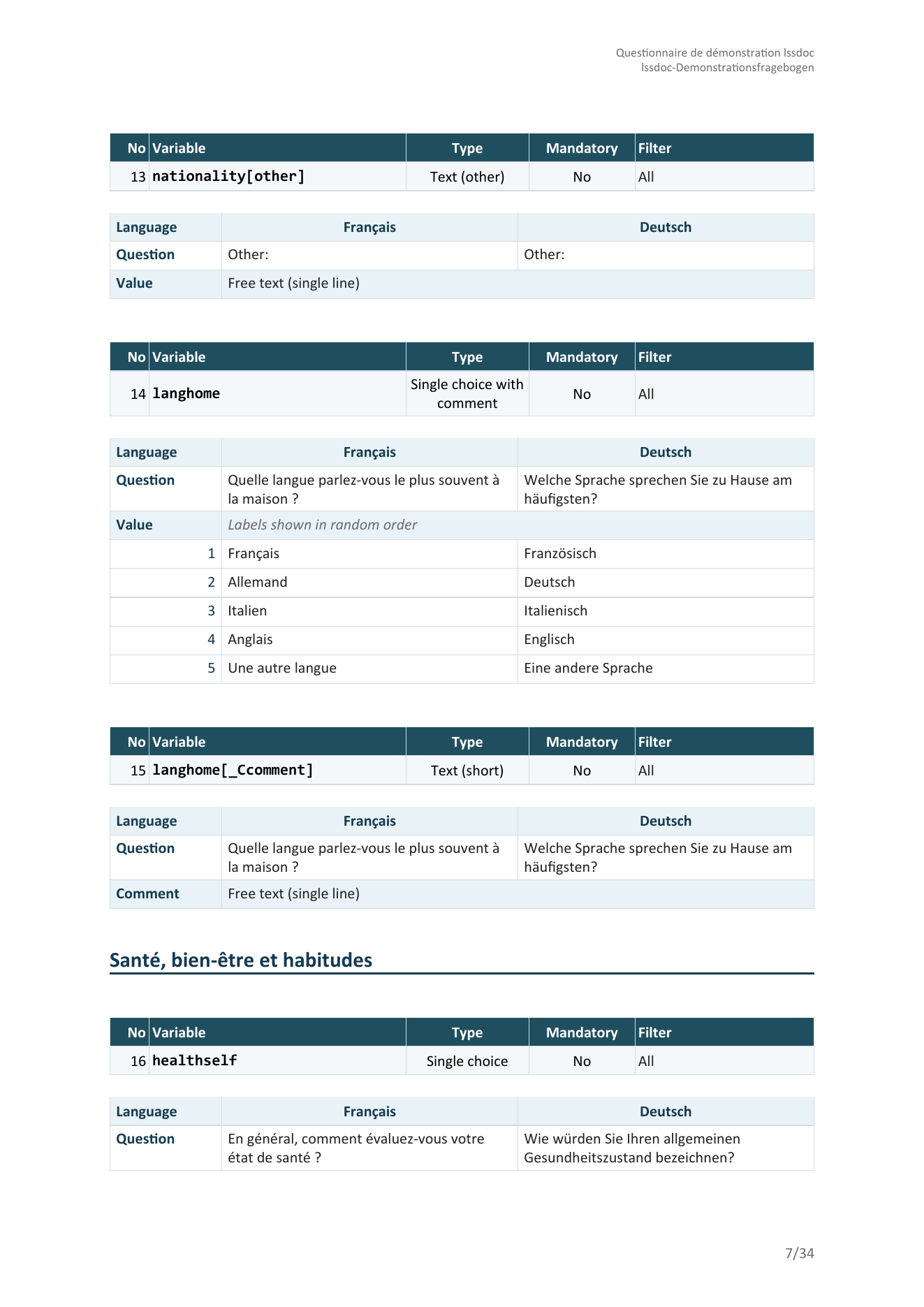 Cards layout: one card per question stacked vertically, French and German side by side -- a free-text Other field, a single-choice-with-comment question showing its labelled answer scale and paired comment row, then a new section heading and the next single-choice question