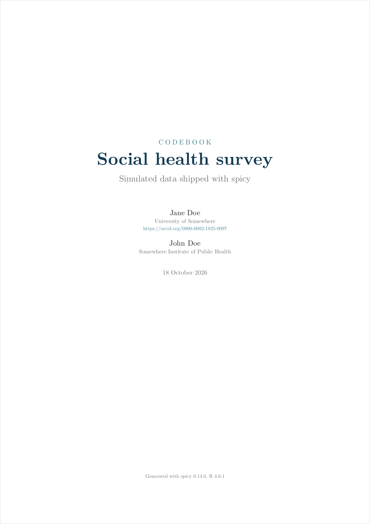 The cover of the PDF codebook: the word CODEBOOK in spaced capitals, the title Social health survey, its subtitle, two authors with their affiliations and an ORCID link, and the date